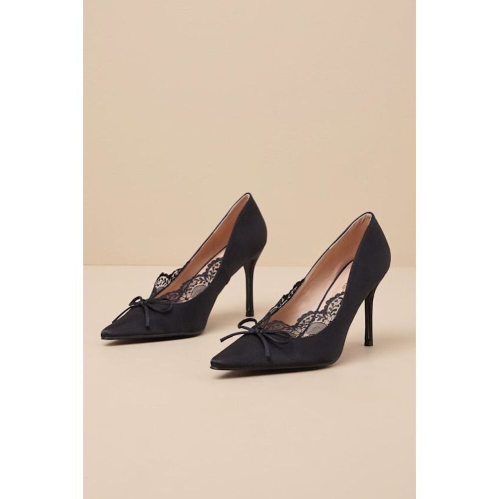 Lulus Calandre Black Satin Pointed-toe Pumps - Size 9
